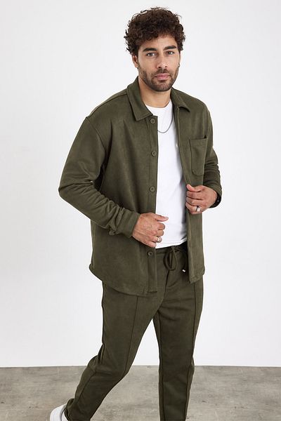 MADZEYMODA New Season Men's Trousers and Shirts 2-Piece Khaki Green Suede Set Mz0801