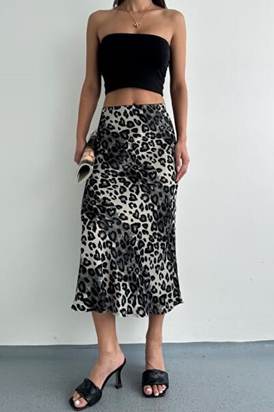 Hisleria Спідниця міді з леопардовим візерунком з віскозної атласної тканини Антрацитова спідниця