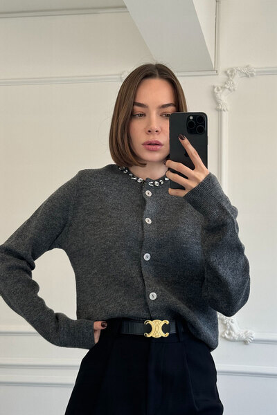 MAGARDE Jewelled Collar Pearl Buttoned Cardigan - Anthracite