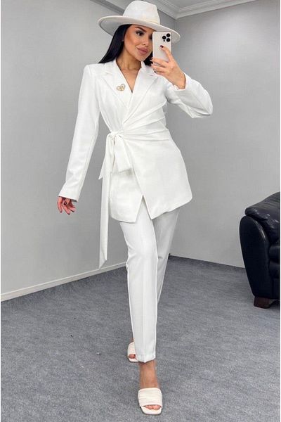 pembekurdelem White Women's Jacket and Trousers Set - Tied