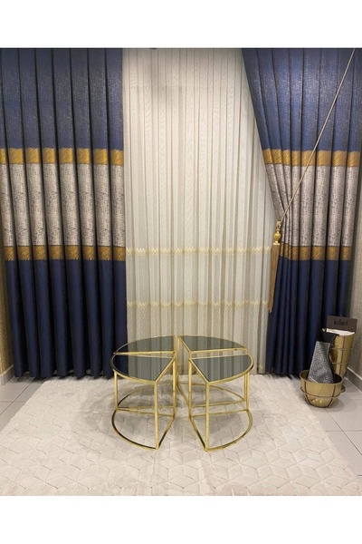 NİVEMESHOME Nivemeshome 1/3 Sık Pile Kolyos Lacivert Gri Pano Fon