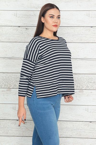 Şans Women's Large Size Navy Blue Stripe Detailed Blouse 65n20377