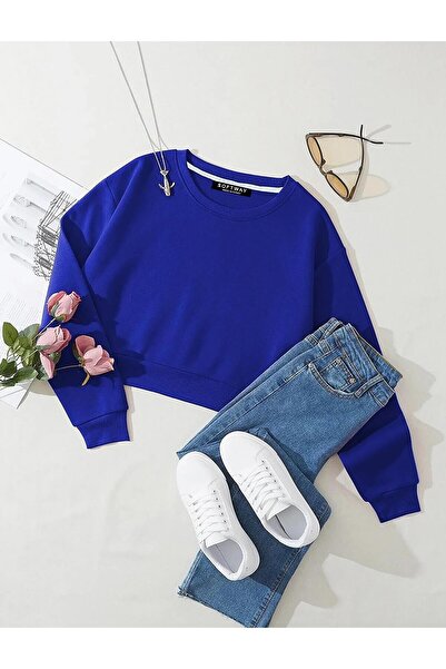SOFTWAY Kadın Basic Crop İçi Polarlı Oversize Sweatshirt – Saks Mavisi