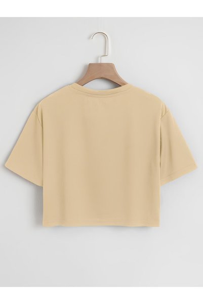 SOFTWAY Women's Oversize Crew Neck Plain Crop T-Shirt – Beige