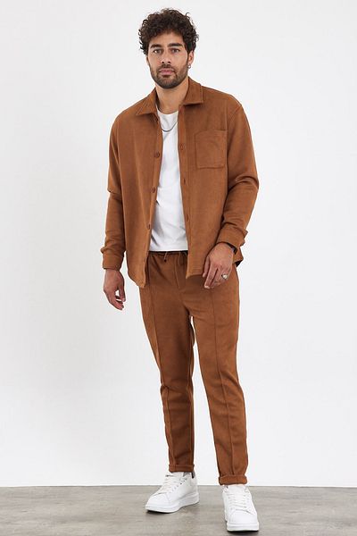 MADZEYMODA Ανδρικό πουκάμισο παντελόνι New Season 2 τεμαχίων Σετ σουέντ χρώματος κανέλας Mz0801
