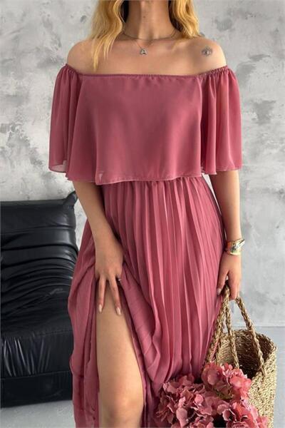 Dipmoda γυναικείο φόρεμα σιφόν με γιακά μαντόνα και πιέτες DPK2099