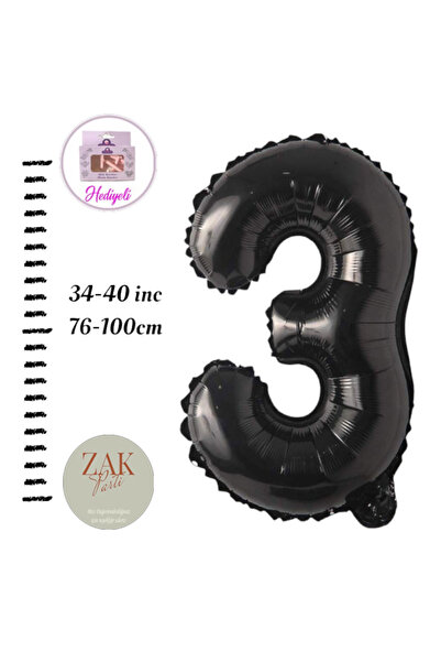 ZEAP Rakam Balon Siyah Renk Folyo Balon 100cm 40 36 Inç Helyum Balon 3 Yaş Ba...