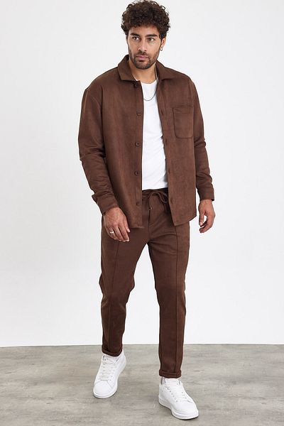 MADZEYMODA New Season Ανδρικό Παντελόνι Πουκάμισο 2 τεμαχίων Καφέ Suede Σετ Mz0801