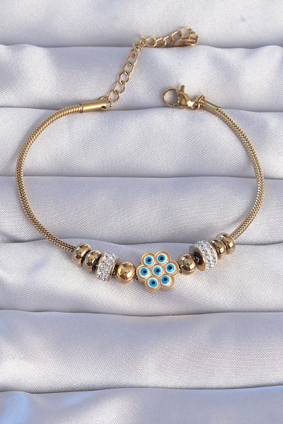 Skygo Gold Colored 316l Steel - Zircon Stone Evil Eye Flower Patterned Bracelet - TJ-BB6201