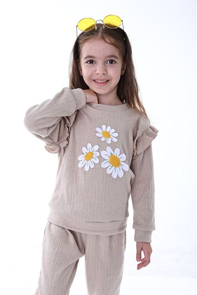 minitrends Daisy Embroidered Ruffled Shoulder Ribbed Cotton Girl's Top and Bottom Tracksuit Set