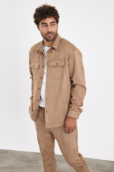 MADZEYMODA New Season Ανδρικά Παντελόνια και Πουκάμισα 2 τεμαχίων Mink Suede Σετ Mz0802