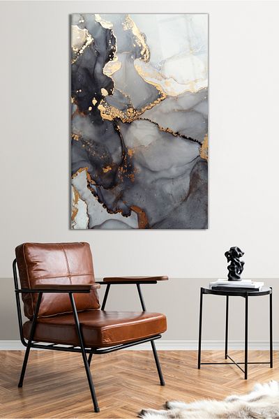 Vosevu Marble Pattern Abstract Glass Painting with Gray Gold Detail, Modern Home and Office Decor Gift Wall Decoration