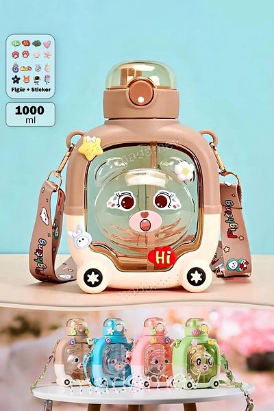 Madamev 1000ml Bpa Free Cute Teddy Bear Water Bottle - Children's School Figured Water Bottle Sticker with Lid