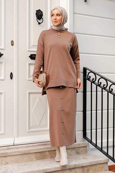 Pamuk Butik Γυναικείο Σετ Πλεκτό Διπλό Mercerized Stone με Λεπτομερή Φούστα