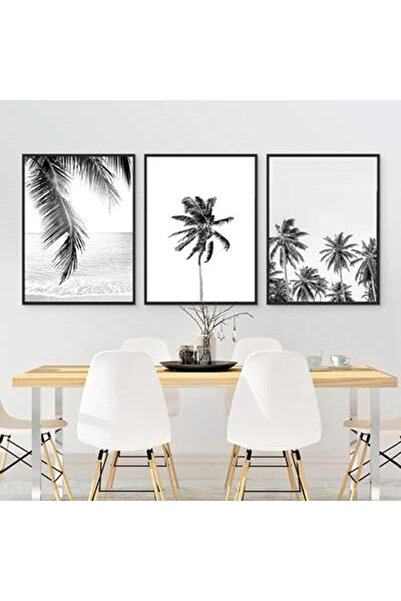 Linacci Set of 3 Black Metal Frame Palm White Glass Table