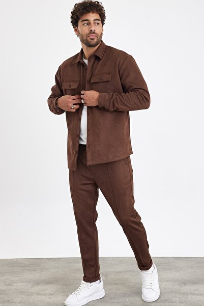 MADZEYMODA New Season Men's Trousers and Shirts 2-Piece Brown Suede Set Mz0802