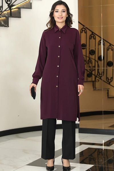 Esilanur Century Tunic Trousers Double Hijab Suit Plum