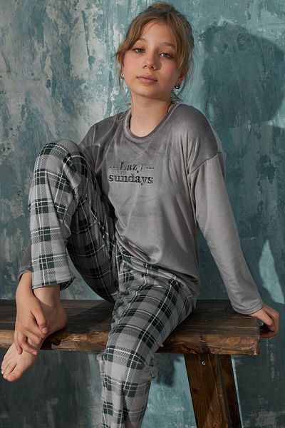 Pijamaevi Graues, gemustertes, exklusives Samt-Pyjama-Set für Mädchen