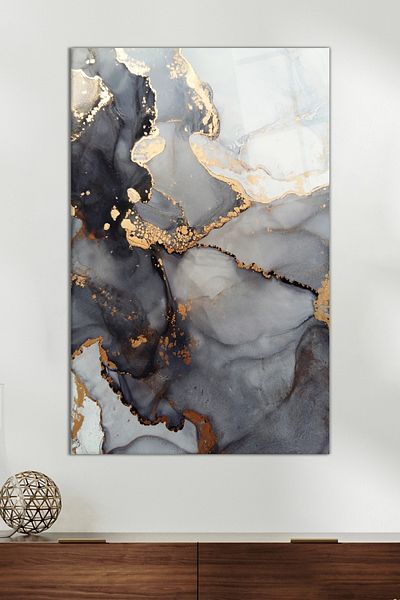 Vosevu Marble Pattern Abstract Glass Painting with Gray Gold Detail, Modern Home and Office Decor Gift Wall Decoration