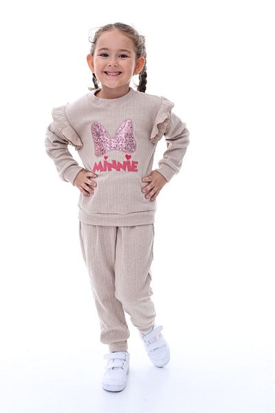minitrends Minnie Embroidered Girl's Tracksuit Set - Shoulder Ruffle, Cotton