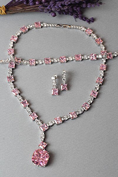 BY BARUN SİLVER Gümüş Set Gerdanlık Kolye Küpe Bileklik Pembe Renk 925 Ayar Z...