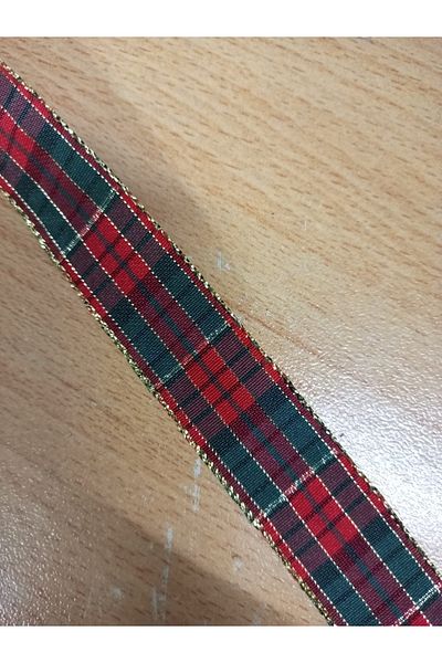 Kezban Tekstil Green Red Gold - Glitter Plaid Patterned 2.5 cm Ribbon 5 m