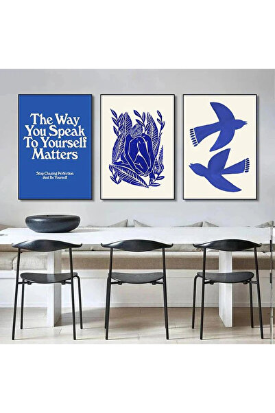 Linacci Σετ 3 τεμαχίων με μαύρο μεταλλικό πλαίσιο και γυάλινο σετ ζωγραφικής σε στυλ Blue Birds