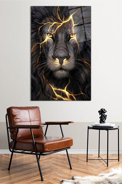Vosevu Pictură pe sticlă cu portret de leu cu efect de fulger cu ochi galbeni, decor pentru casă și birou, decorare de perete cadou