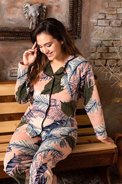 CALİA Women's Front Buttoned Long Sleeve Fleece Plush Winter Warm Pajamas Set