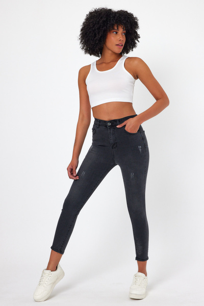 ModaDeniz Dark Gray Nail Detailed Recovery High Waist Lycra Denim Trousers