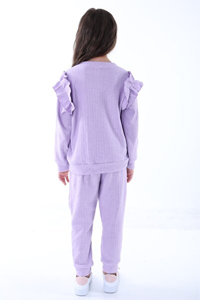 minitrends Omuzdan Fırfırlı Şardonlu Pamuklu  Kız Çocuk Alt Üst Eşorfman Takım