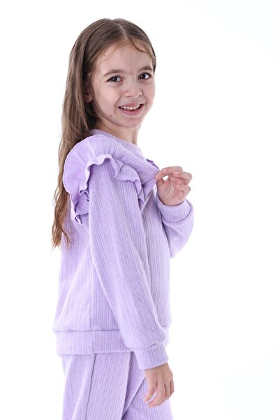 minitrends Omuzdan Fırfırlı Şardonlu Pamuklu  Kız Çocuk Alt Üst Eşorfman Takım