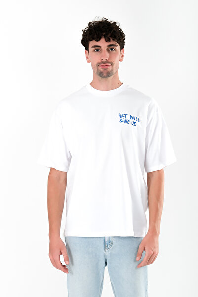 Coredra Ανδρικό λευκό μπλουζάκι Oversize Art Will Save Us