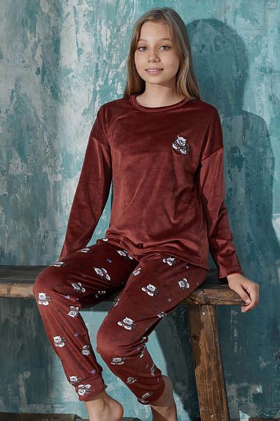 Pijamaevi Dunkelbraunes, exklusives Samt-Pyjama-Set für Mädchen mit Kaschmirmuster und Teddybär