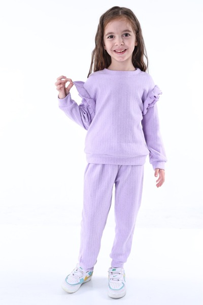 minitrends Omuzdan Fırfırlı Şardonlu Pamuklu  Kız Çocuk Alt Üst Eşorfman Takım