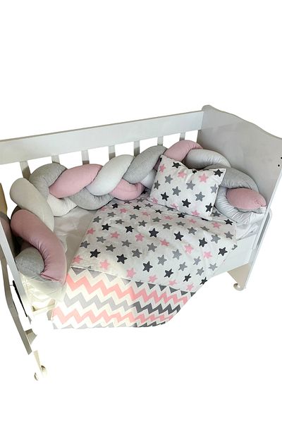 Aktehome Braided Baby Crib Edge Protection with Crescent and Star 6 Pieces Blue - White 50X100 Crib Set