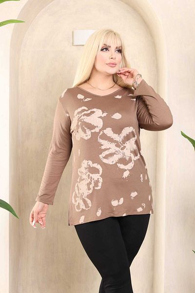 Şans Women's Plus Size Mink Viscose Fabric Long Sleeve Printed Jewelled Blouse 65N38337