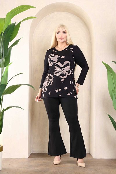Şans Women's Plus Size Black Viscose Fabric Long Sleeve Printed Jewelled Blouse 65N38337