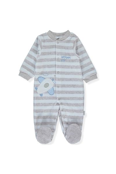 Bebetto Beige Melange Baby Boy Jumpsuit with Velvet Booties - Airplane Trip K4561