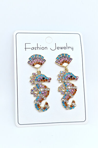 BearPear Deniz Atı Figürlü Renkli Zirkon Taşlı Kadın Küpe