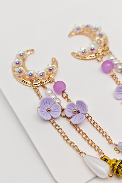 BearPear Crest Sallantılı Ay Lila Renk Kadın inci Küpe