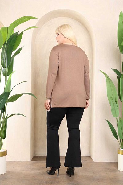 Şans Women's Plus Size Mink Viscose Fabric Long Sleeve Printed Jewelled Blouse 65N38337