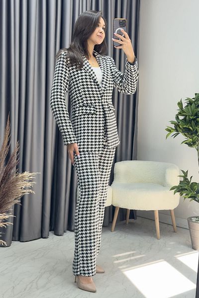 zks grup tekstil Black and White Houndstooth Jacket Trousers Double Set
