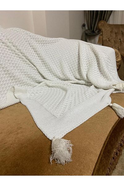YGT Home Ecru Color 10 Tassel Basket Knitwear Knitted Tv Blanket - 130X170 Leg and Sofa Shawl