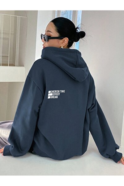 OVER HEAD Γυναικείο φούτερ με κουκούλα Navy Blue Cherıh Time με στάμπα μεγάλο...