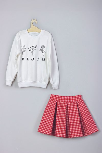 MYADA Happy New Flowers Printed Sweatshirt Plaid Check Skirt Set 22673