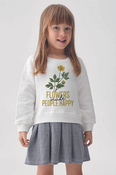 MYADA Plaid Patterned Checkered Skirt and Sweatshirt Set - Flowers Make People Happy 22816