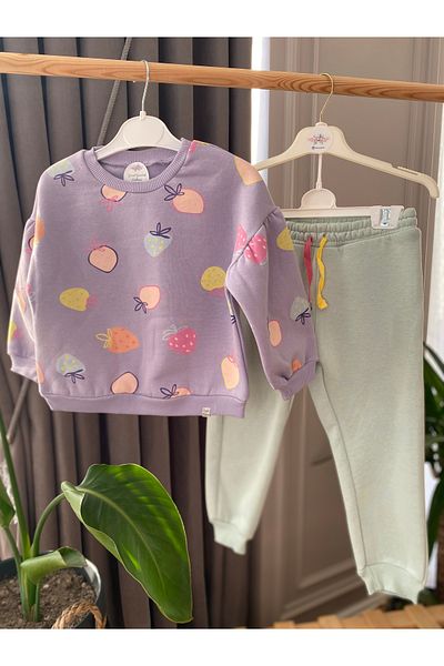 Baby Girl's Fruit Printed Cotton Sweatshirt and Elastic Waist Tracksuit Set - 3 Thread