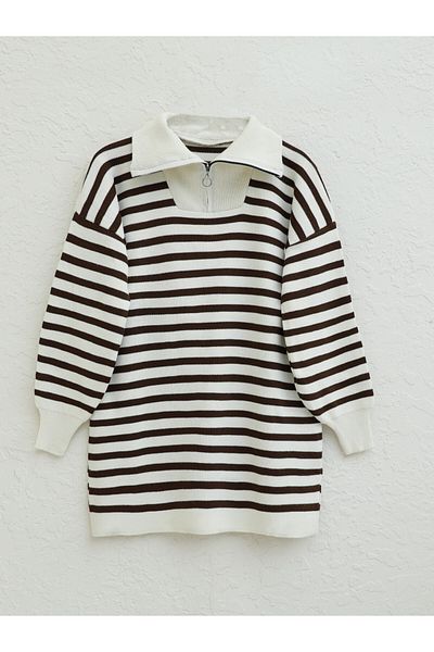 Modamorfo Cream Color Striped Half Throat Knitwear Tunic