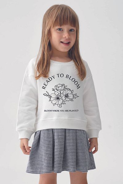MYADA Ready to Bloom Flowers Printed Sweatshirt Plaid Check Skirt Set 22677